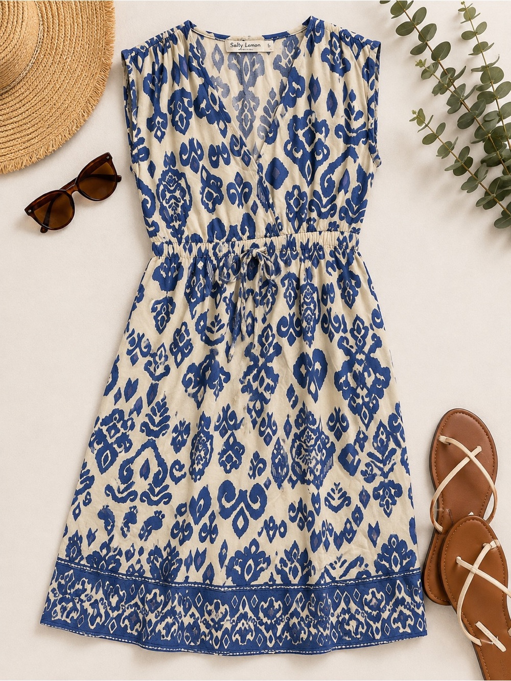 Salty Lemon Blue Ikat Midi Dress S